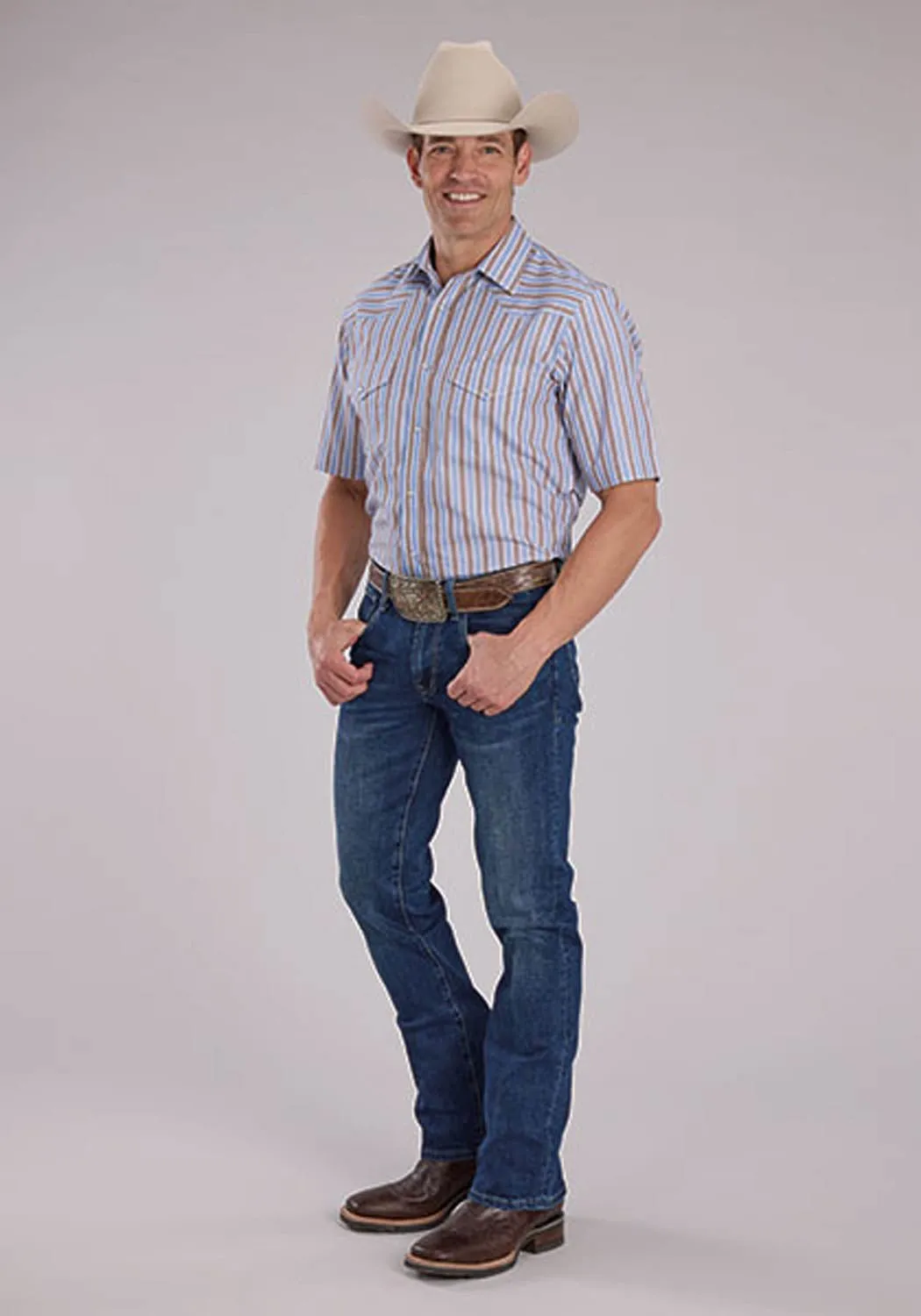 Odorless Binding Tape Roper Mens 2476 Western Stripe Brown/Blue Cotton Blend S/S Shirt