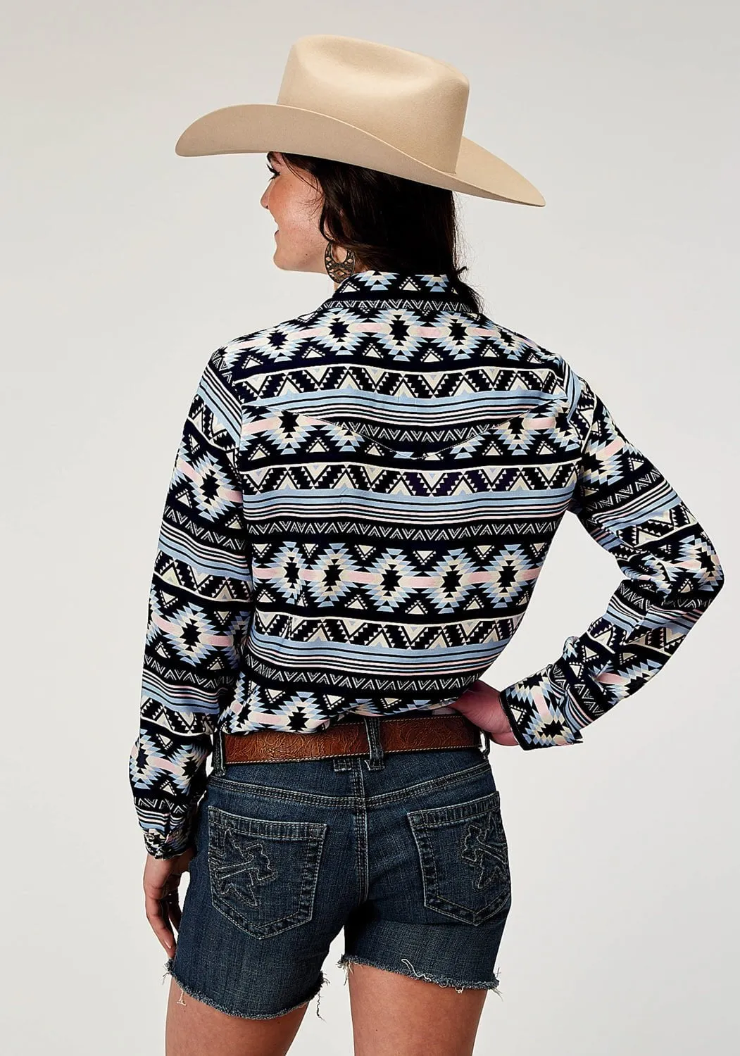 Roper Womens 1991 Aztec Blue 100% Rayon L/S Shirt Friends Meetup