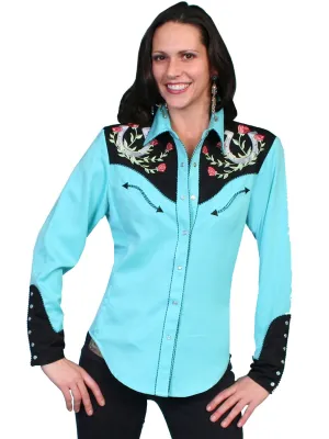 Padded Shoulder Scully Western Womens Turquoise Polyester L/S Horseshoe Western Shirt Lightweight Layers High Street Fashion Scully Western Womens Turquoise Polyester L/S Horseshoe Western Shirt
