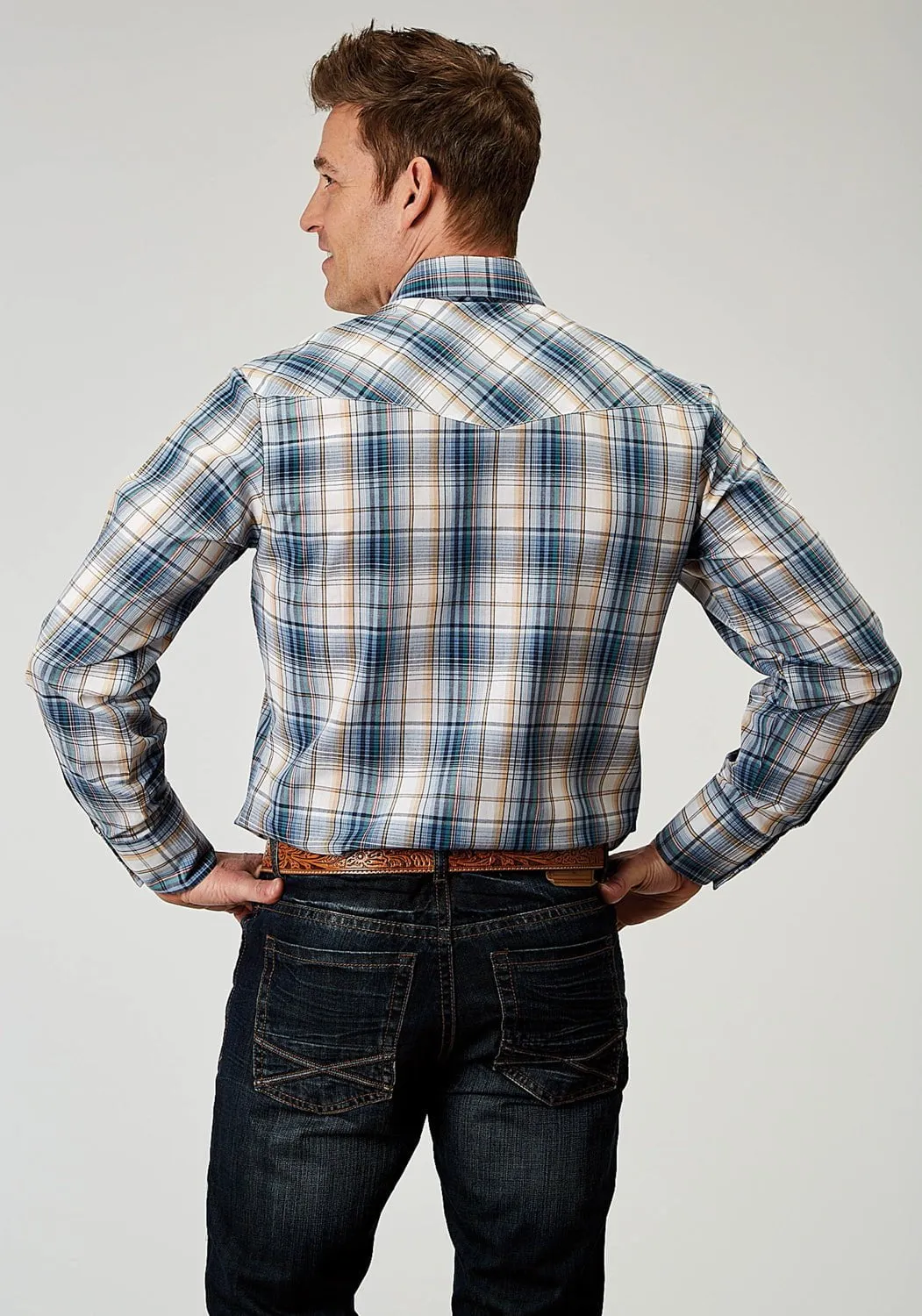 Snug feel No Chafe Edging Roper Mens 1971 Madras Plaid Blue Cotton Blend L/S Shirt
