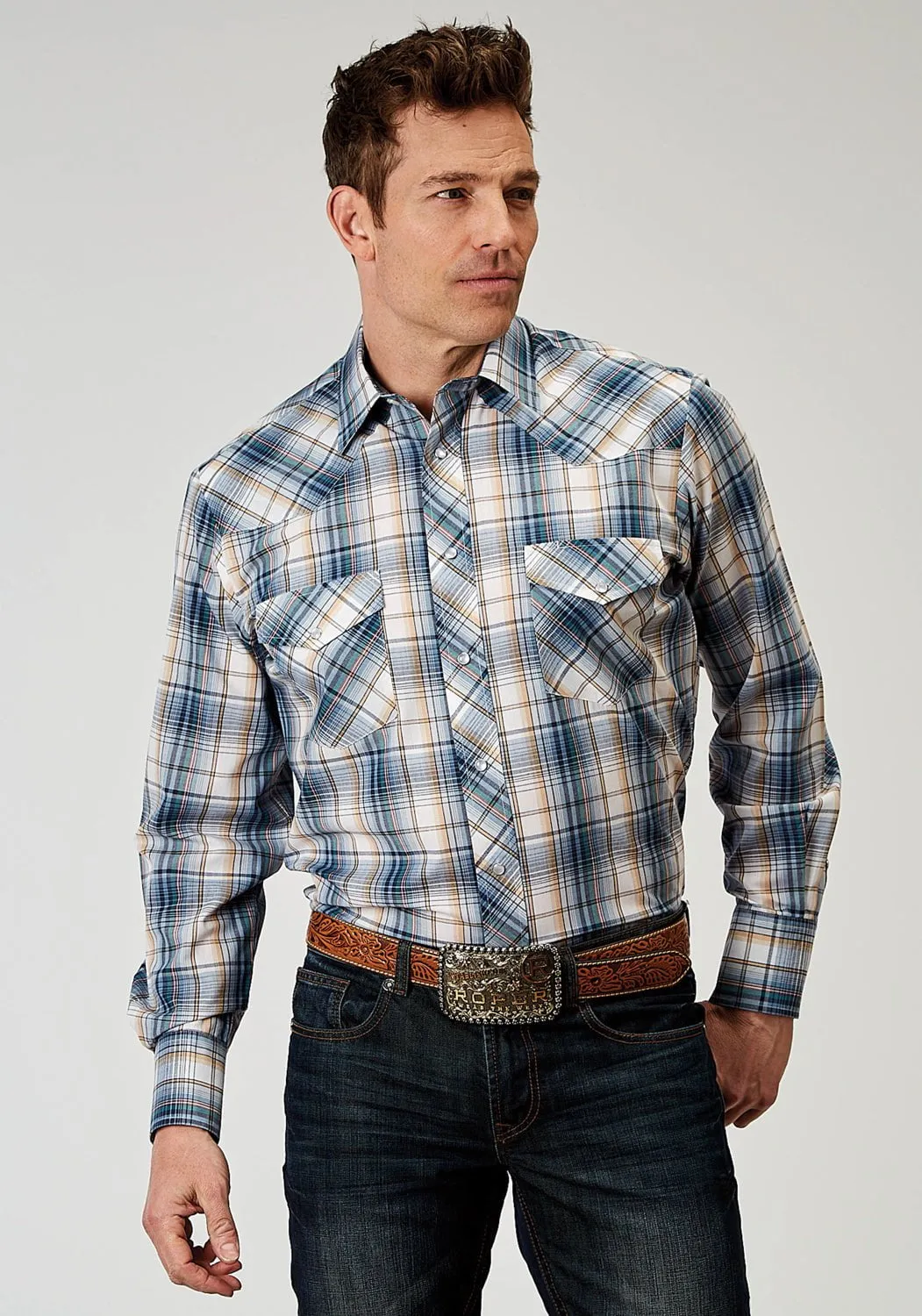 Eco-friendly Eco Friendly Dye Roper Mens 1971 Madras Plaid Blue Cotton Blend L/S Shirt
