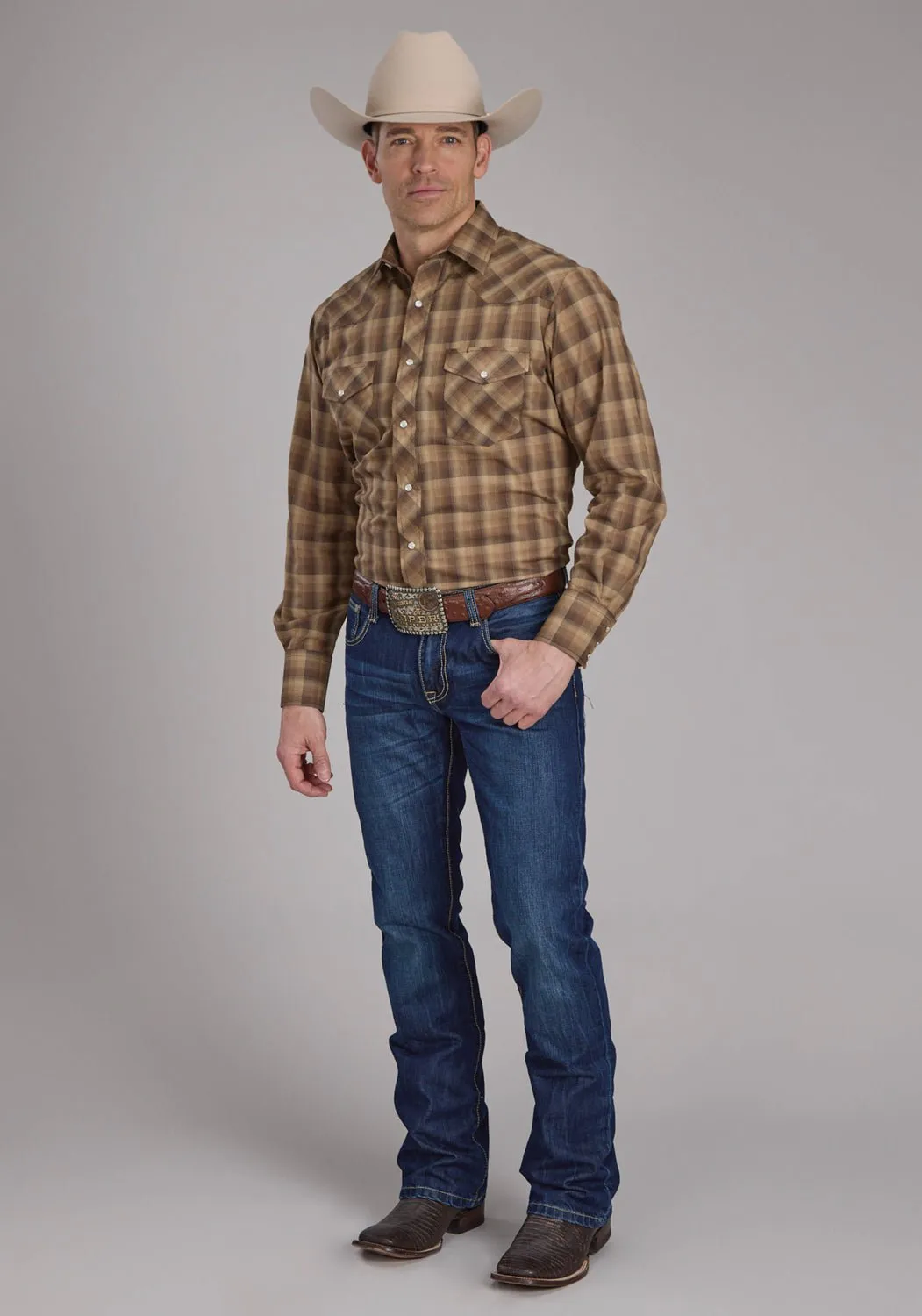 Roper Mens 2129 Ombre Plaid Brown/Tan Cotton Blend L/S Shirt Winter Retreat