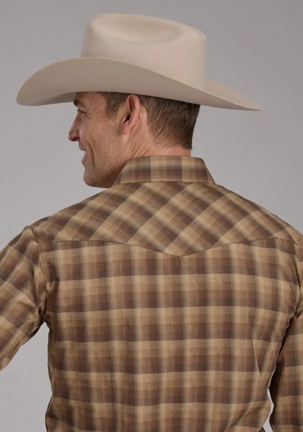 Roper Mens 2129 Ombre Plaid Brown/Tan Cotton Blend L/S Shirt Ribbed Trim