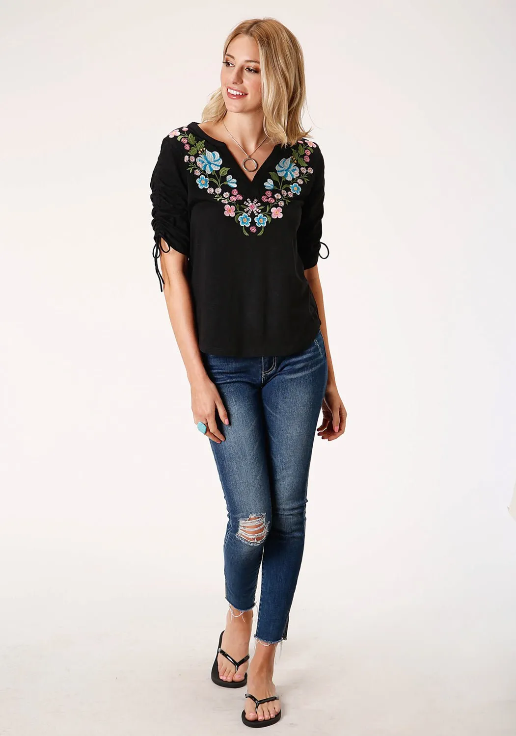 Essential Fit Anniversary Celebration Roper Womens Black 100% Cotton Floral Crewel S/S Ties Tunic