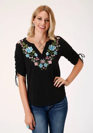 Party-Ready Roper Womens Black 100% Cotton Floral Crewel S/S Ties Tunic Work Appropriate Organic Cotton Roper Womens Black 100% Cotton Floral Crewel S/S Ties Tunic