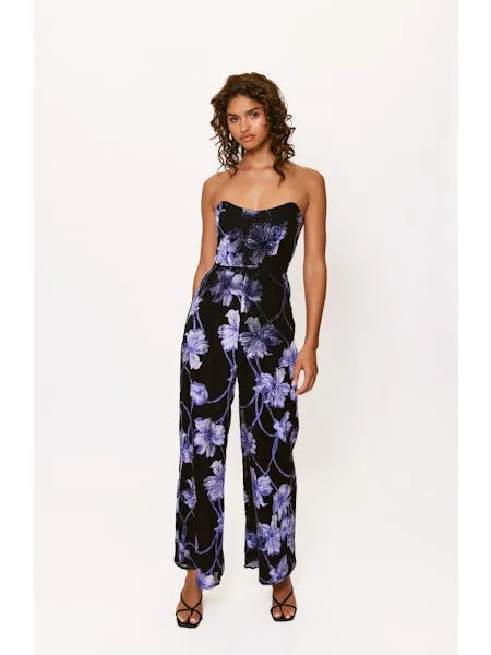 Venina Jumpsuit in Navy Two Tone Vining Buds Ruffle-Detail