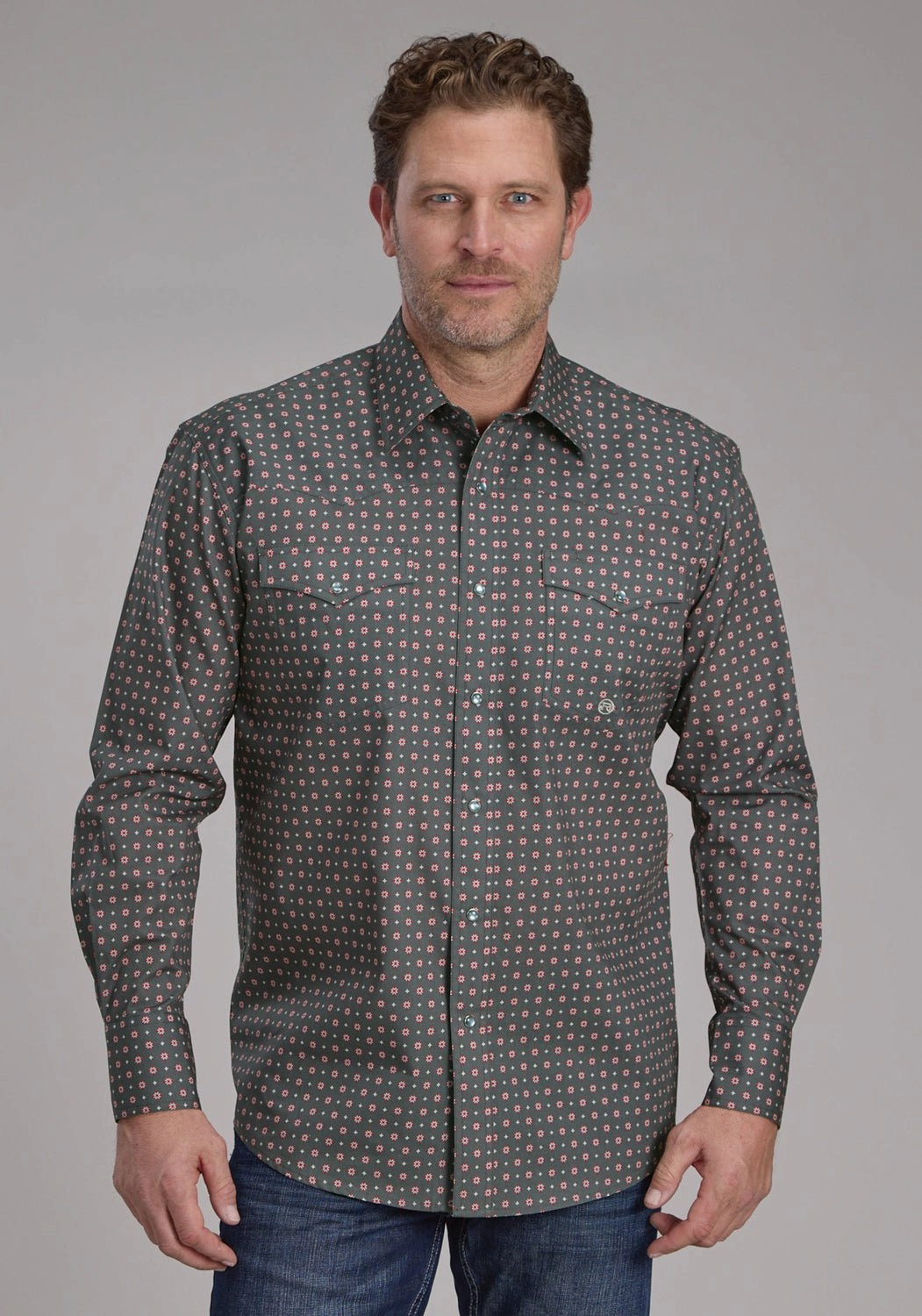 Roper Mens 2243 Garnet Foulard Grey 100% Cotton L/S Shirt V-Neck