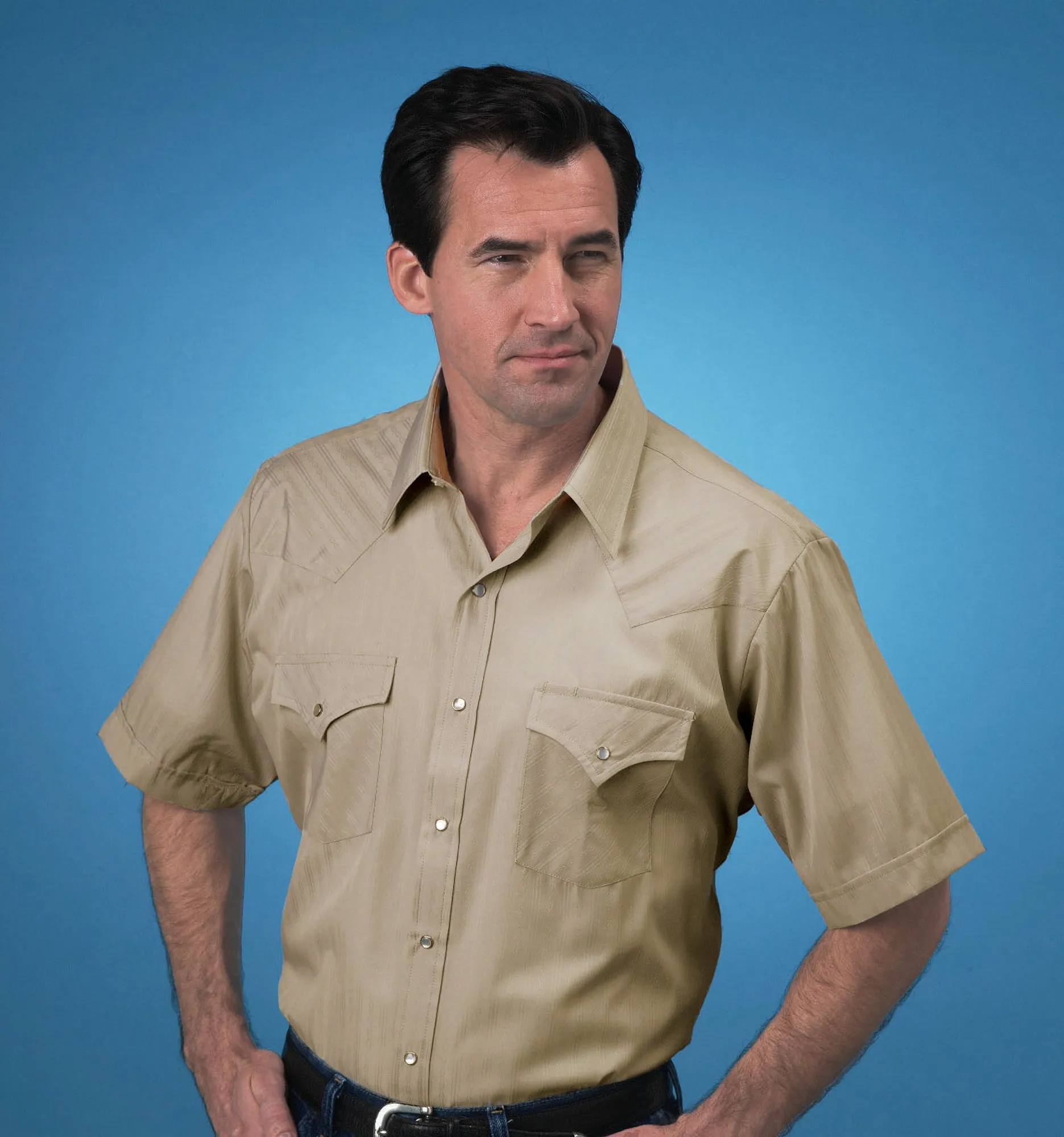 Ely & Walker Mens Tone on Tone Khaki Western Shirt S/S Poly/Cotton Timeless Style Soft Wear