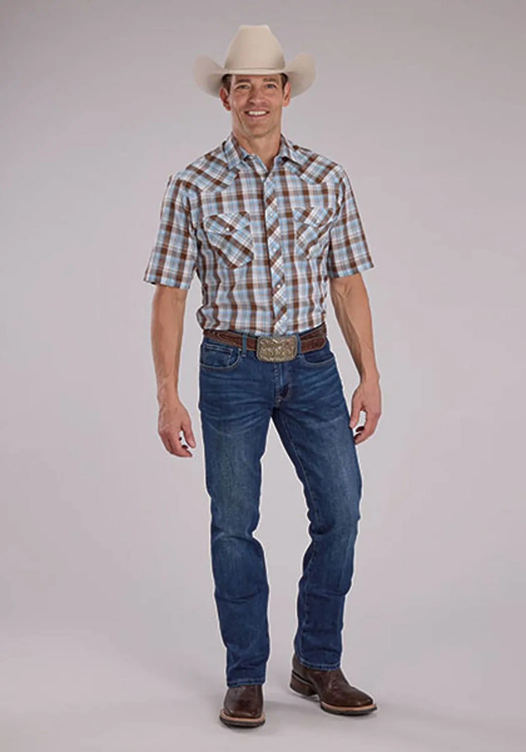 Minimal Design Roper Mens 2483 Western Plaid Cocoa/Sky Blue Cotton Blend S/S Shirt
