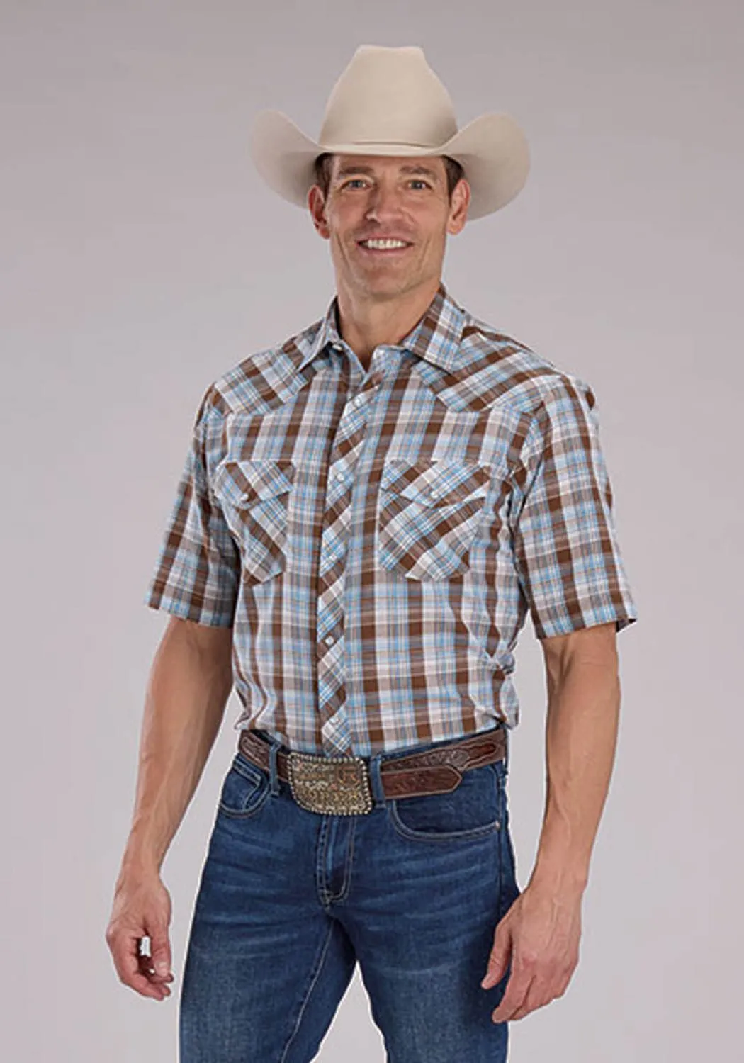 Roper Mens 2483 Western Plaid Cocoa/Sky Blue Cotton Blend S/S Shirt Anti Pilling Treatment