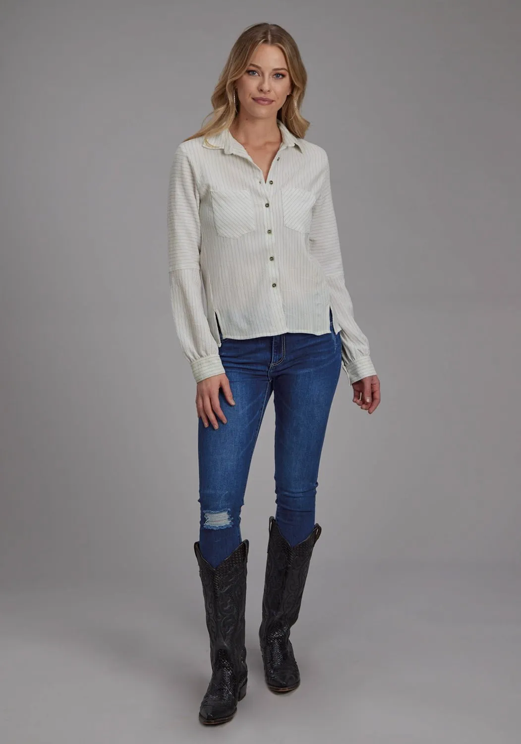 Roper Womens 2196 Moss Stripe Cream Polyester L/S Blouse tailored look Classic Wardrobe
