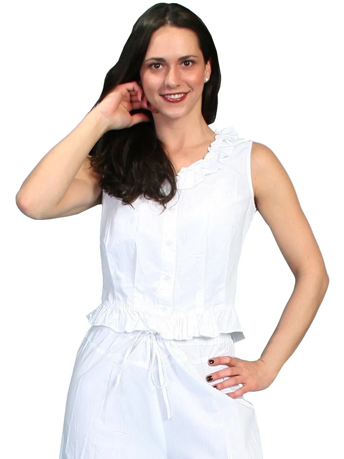 Scully Rangewear Womens White 100% Cotton Ruffle Camisole S stain resistant coating