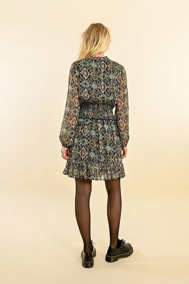 Long Sleeve Smocked Waist Dress in Green Anjali Countryside-Style