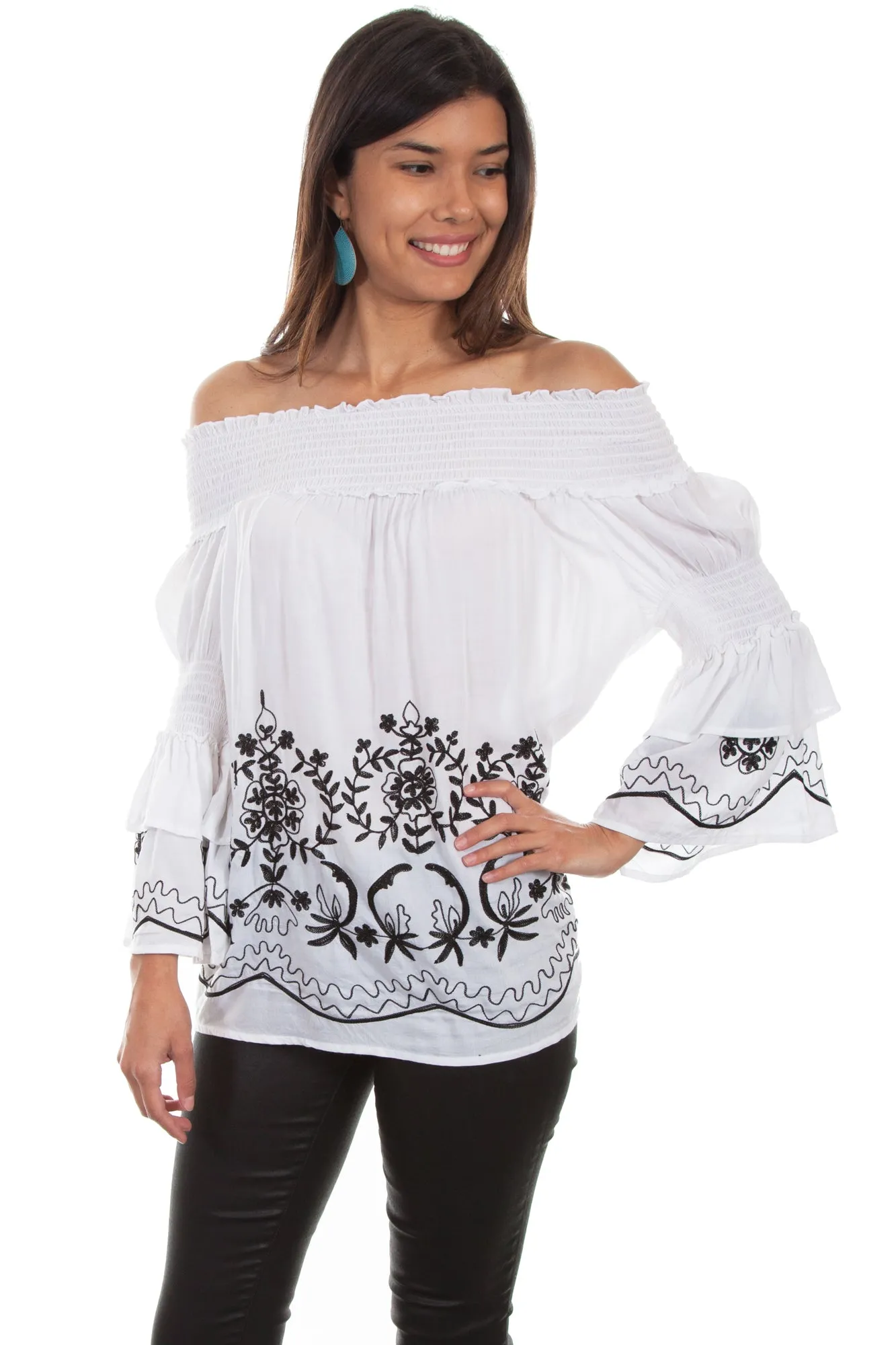 Eco Certified Textile Standards Scully Womens White 100% Viscose Floral Vine L/S Blouse