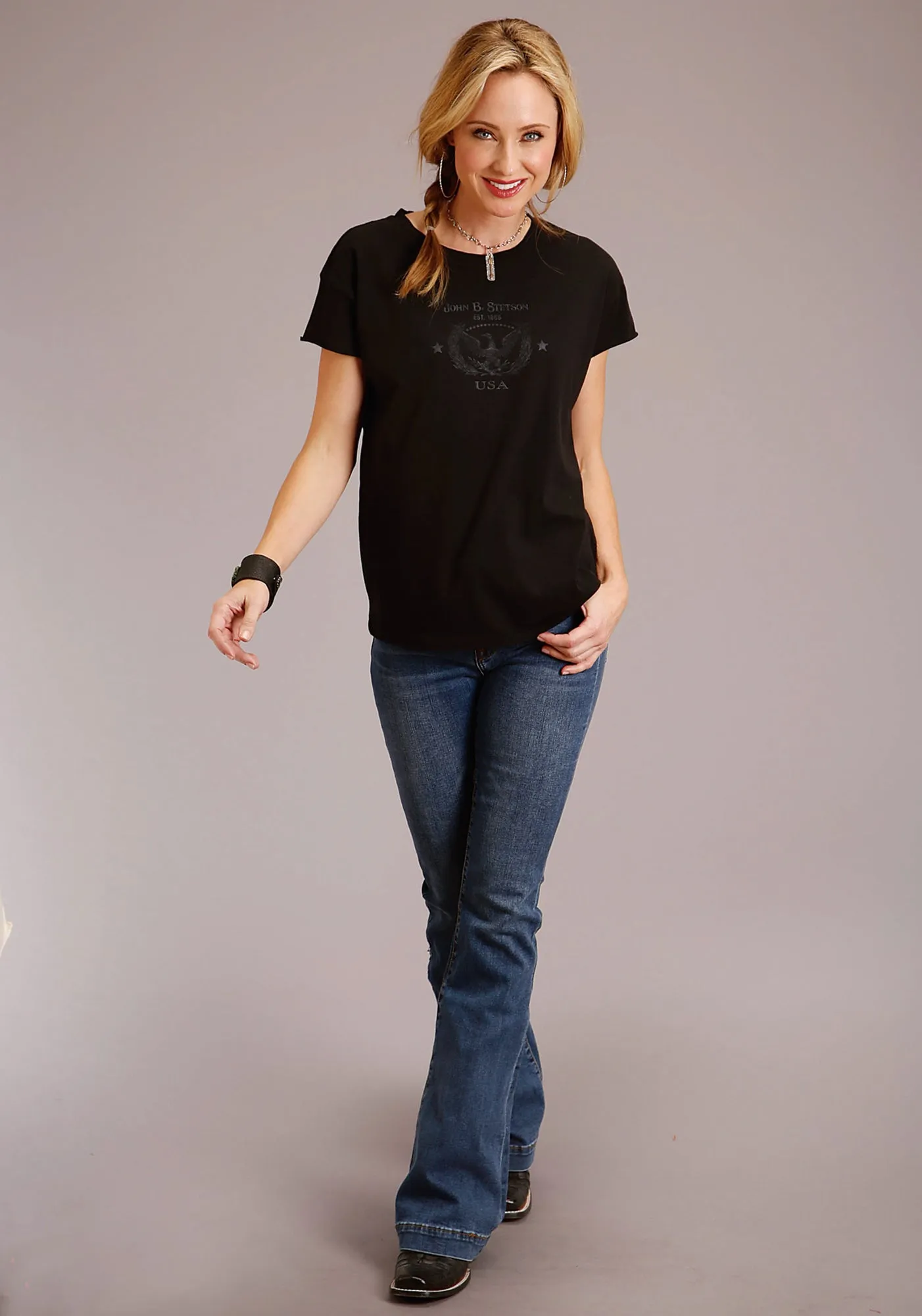 Stetson Womens Black 100% Cotton Eagle Usa S/S T-Shirt Minimalist Fit