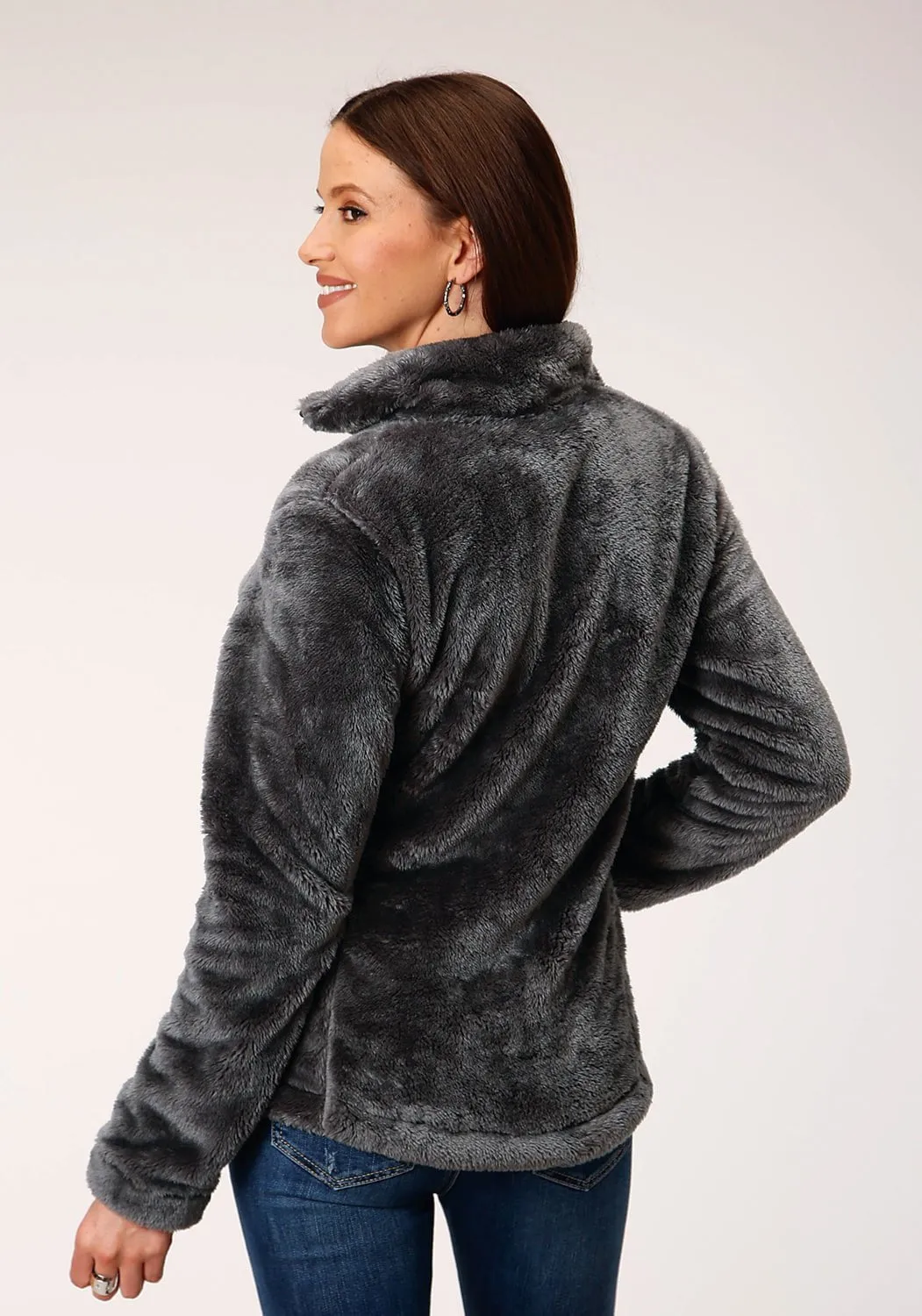 Roper Womens Charcoal Grey Polyester Fuzzy Fleece Jacket Motion Ease