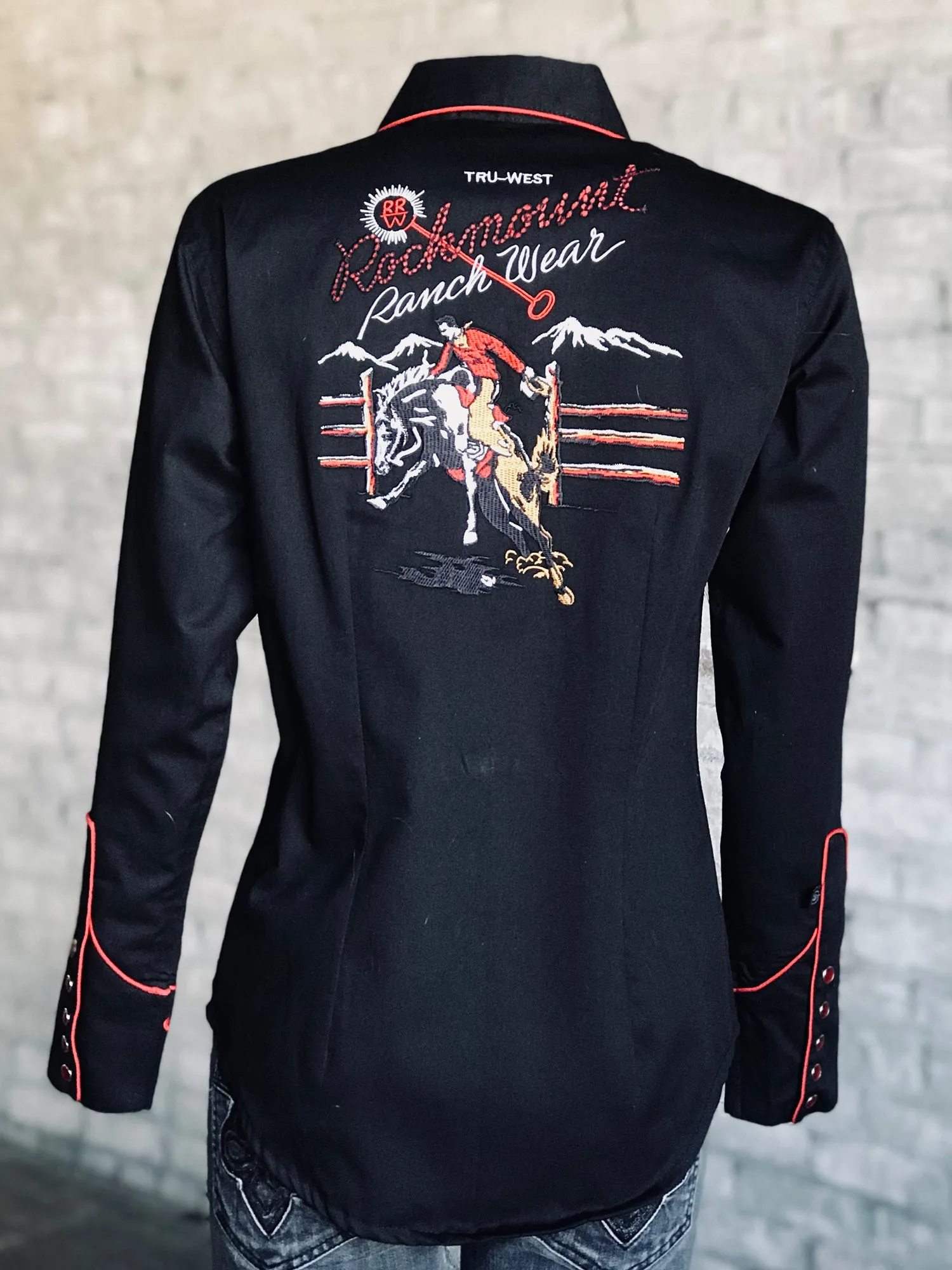 High-End Fashion Rockmount Womens Black 100% Cotton Bronc Embroidered Western L/S Shirt