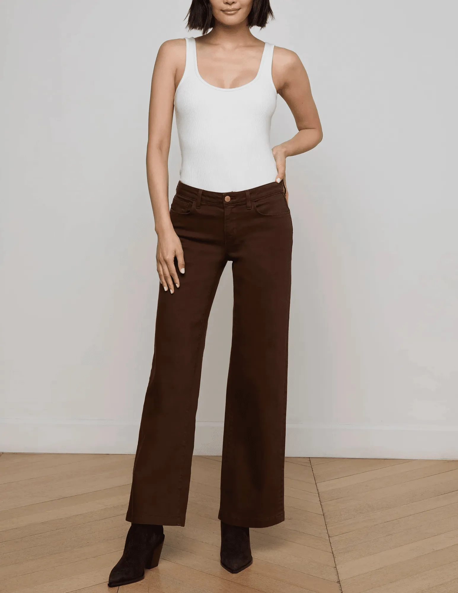 L'AGENCE Joanne Low Rise Wide Leg Jeans in Brown Layered Basics