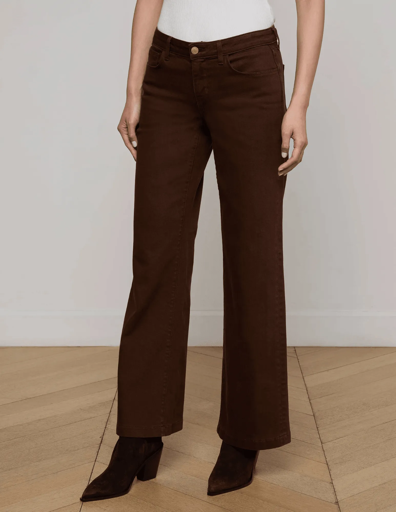 No Gap Waist Engineering L'AGENCE Joanne Low Rise Wide Leg Jeans in Brown