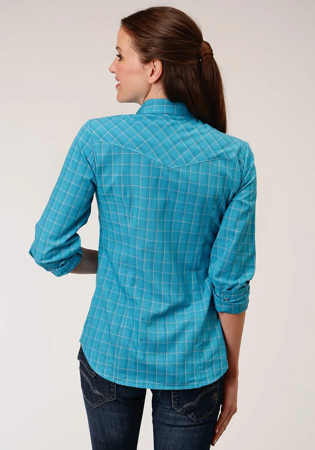 Ruffle Edge Roper Womens 55/45 Windowpane Turquoise Cotton Blend L/S Shirt