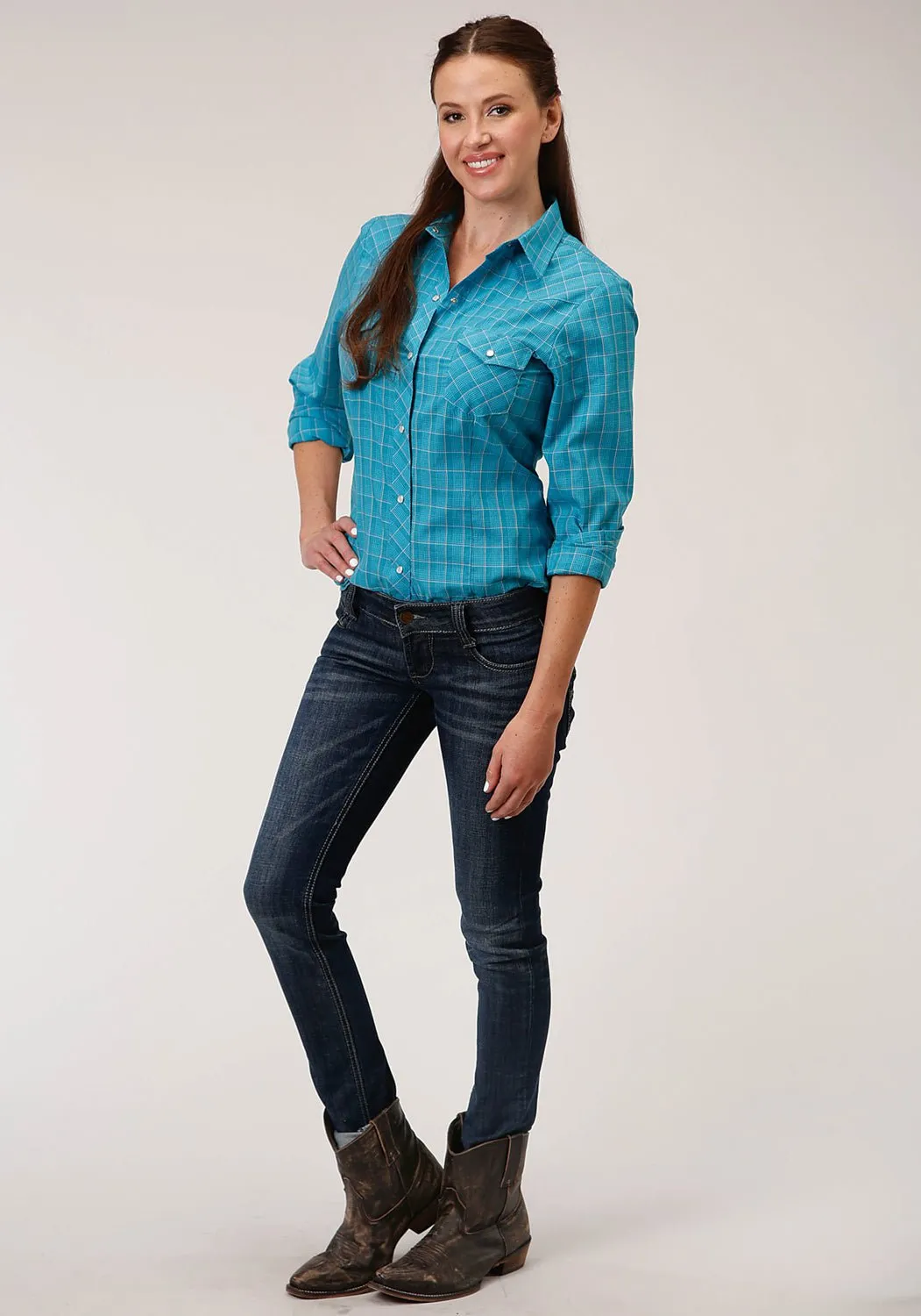 Roper Womens 55/45 Windowpane Turquoise Cotton Blend L/S Shirt Summer Outfit