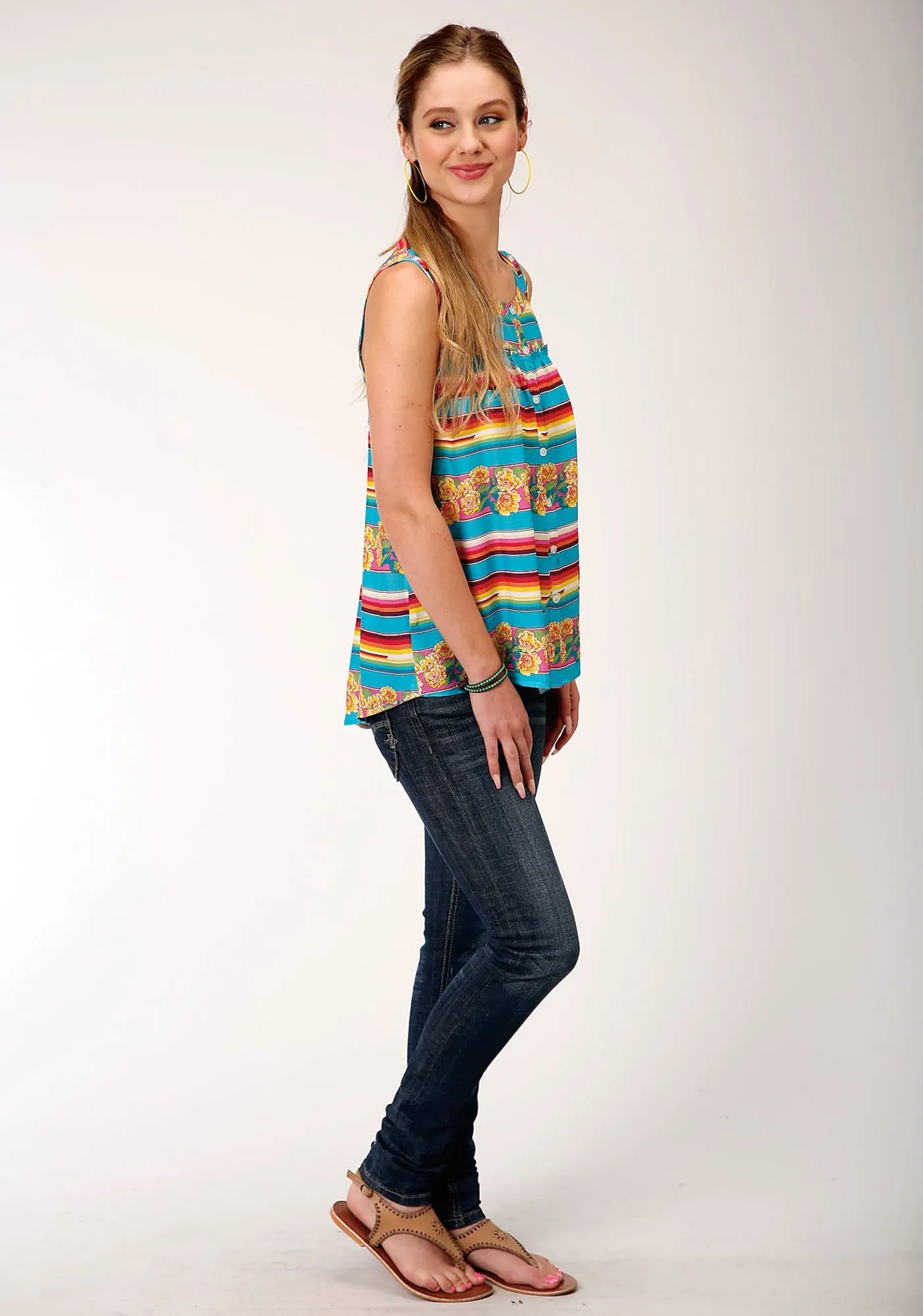 Roper Womens Multi-Color Rayon/Nylon Serape Stripe S/L Blouse Wrinkle-Resistant
