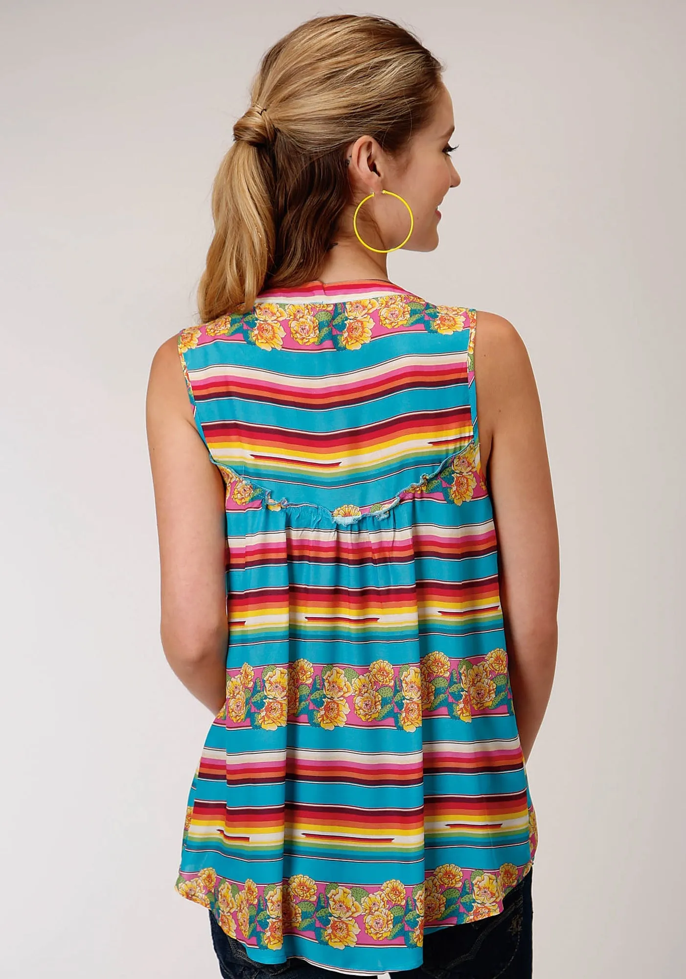 Neutral Tones Non-Iron Roper Womens Multi-Color Rayon/Nylon Serape Stripe S/L Blouse