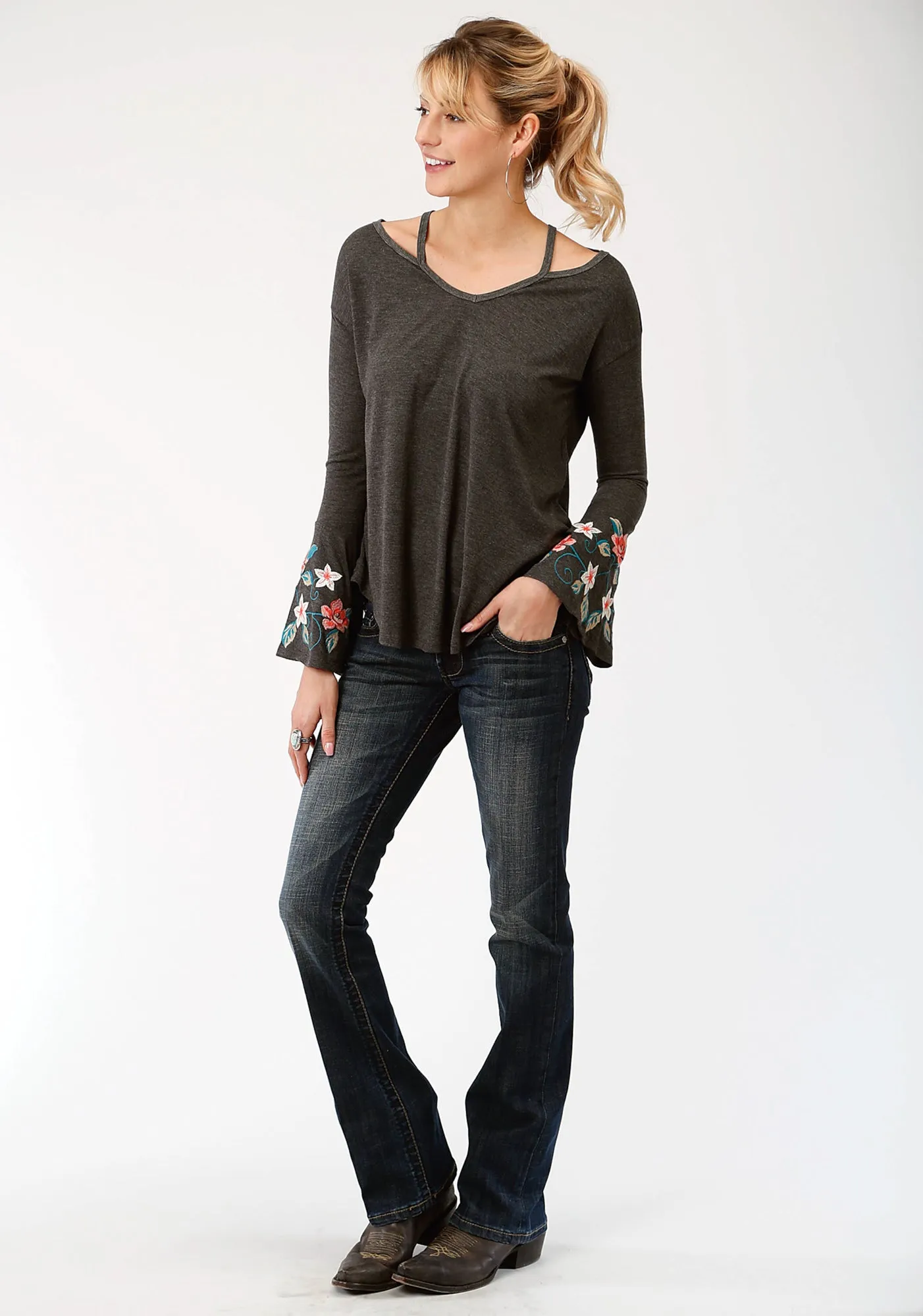 Roper Womens Heather Black Poly/Cotton Floral Crewel L/S Tunic Reinforced Belt Loops Modern Shopping Day