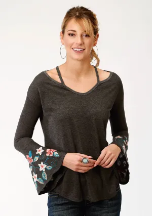 Perfect Length Roper Womens Heather Black Poly/Cotton Floral Crewel L/S Tunic Roper Womens Heather Black Poly/Cotton Floral Crewel L/S Tunic Daily Wear Nature Lover Versatile Waist Design