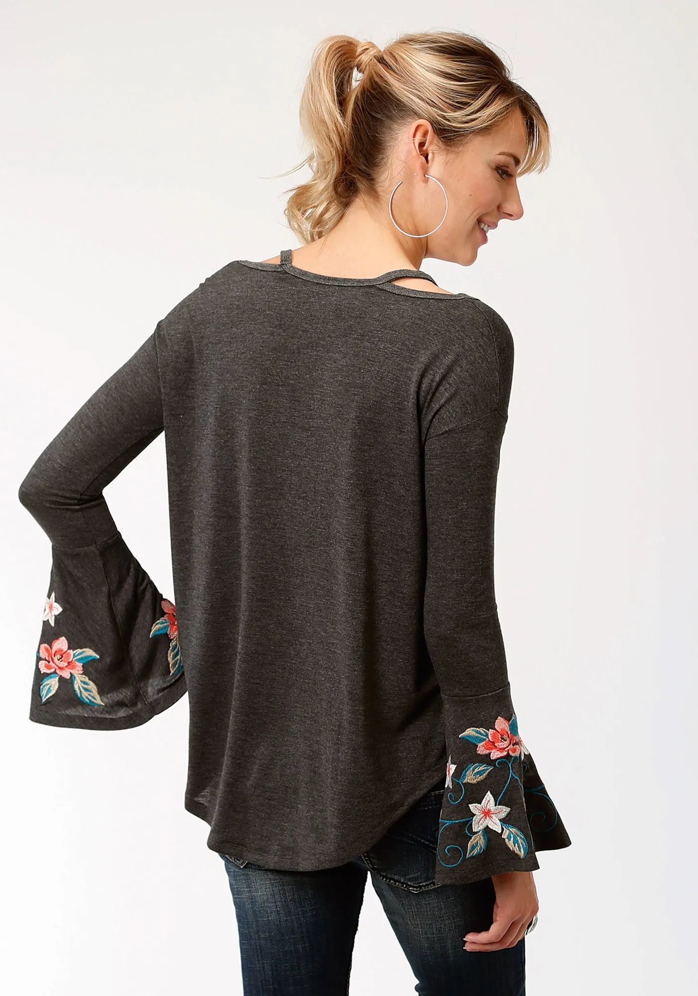 Roper Womens Heather Black Poly/Cotton Floral Crewel L/S Tunic Stretch Classic Gym Ready Regular Style