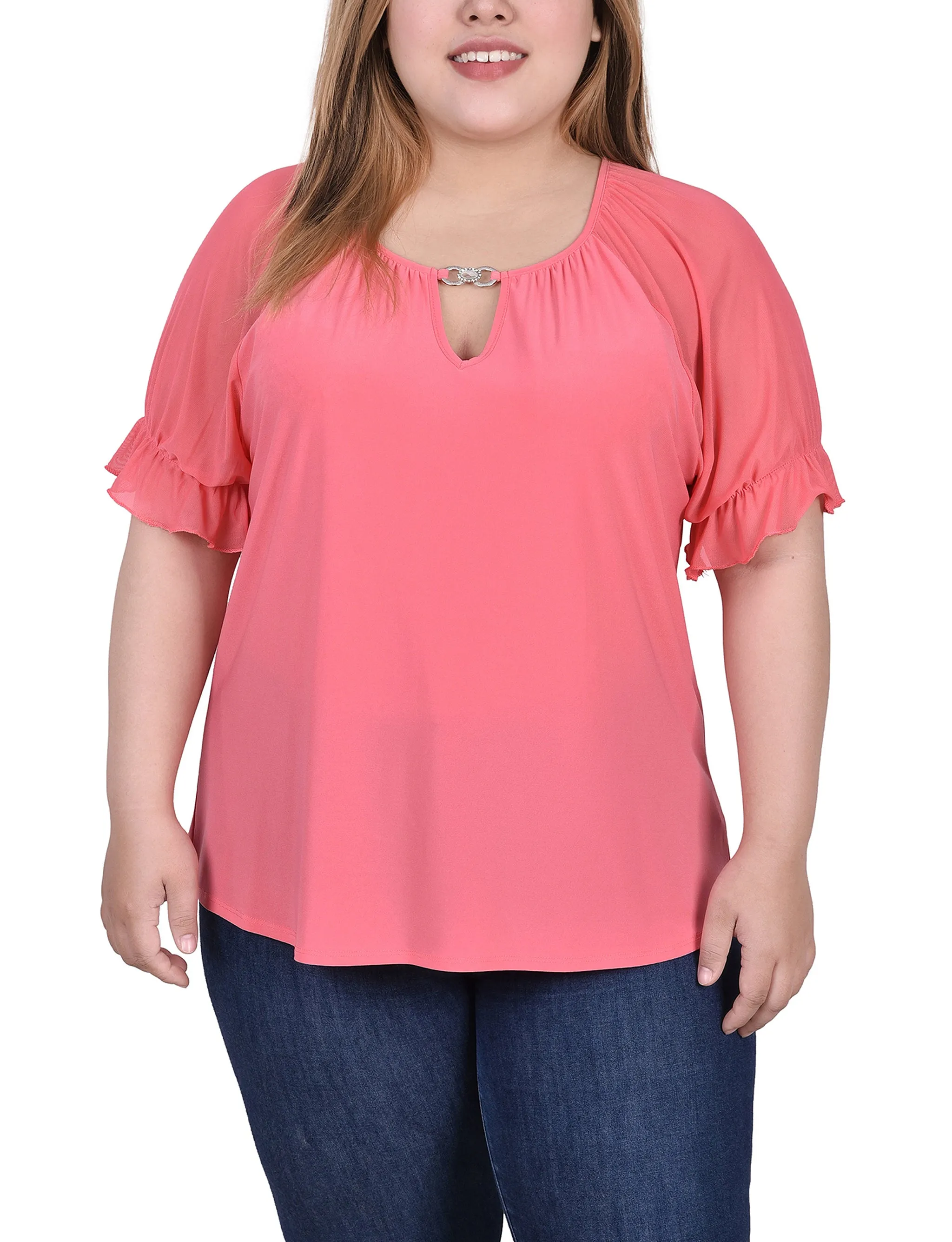 Plus Size Short Ruffle Sleeve Top With Rhinestones WideCollarDesign Subtle Stitch