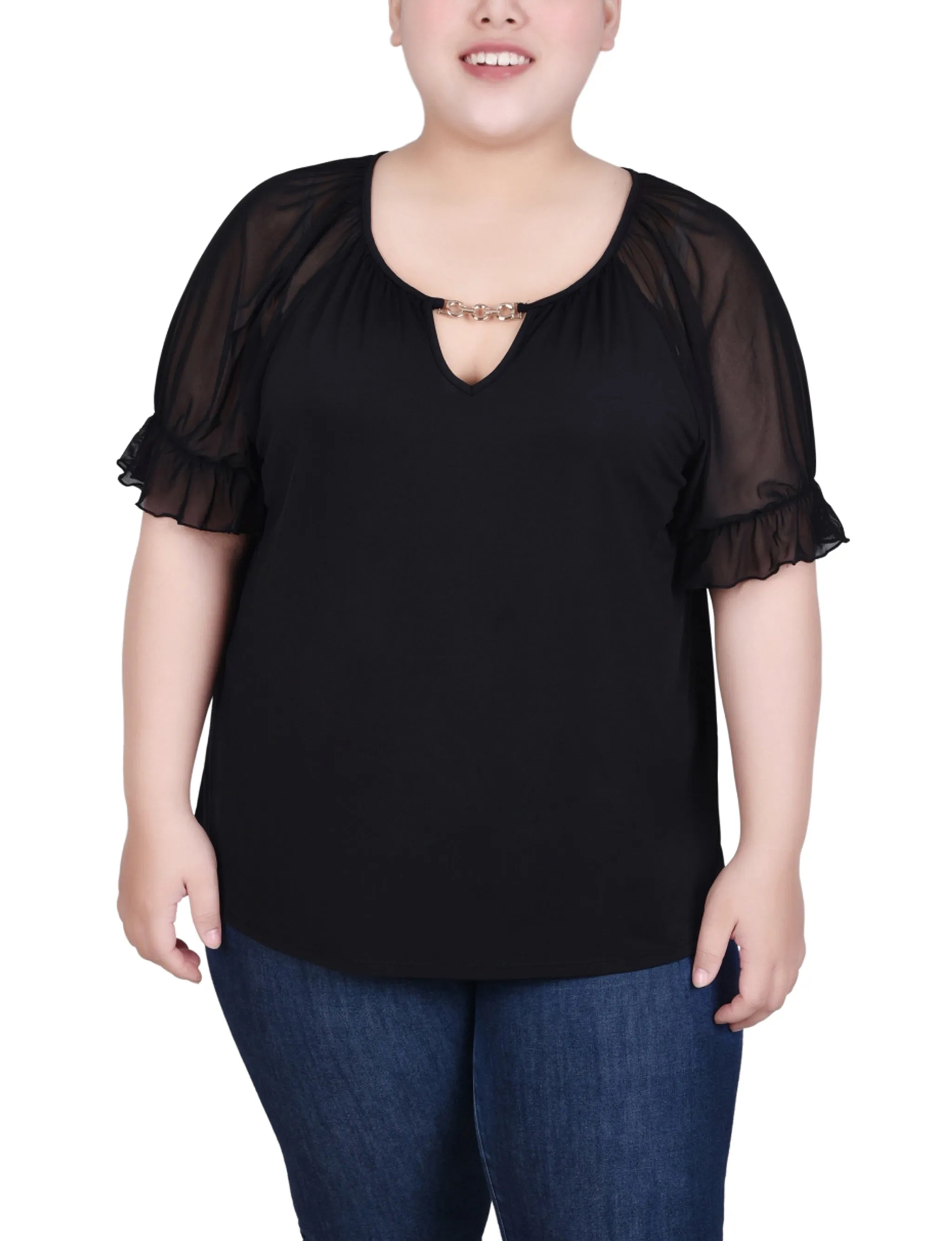 Plus Size Short Ruffle Sleeve Top With Rhinestones Fitted Base Romantic dinner wear