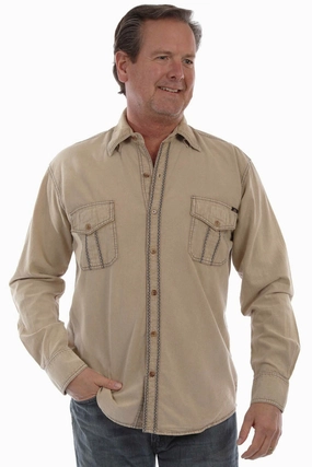 Perfect Choice Scully Mens Western Contrast Stitching Stone 100% Cotton L/S Shirt Sophisticated Style Subtle Print Scully Mens Western Contrast Stitching Stone 100% Cotton L/S Shirt