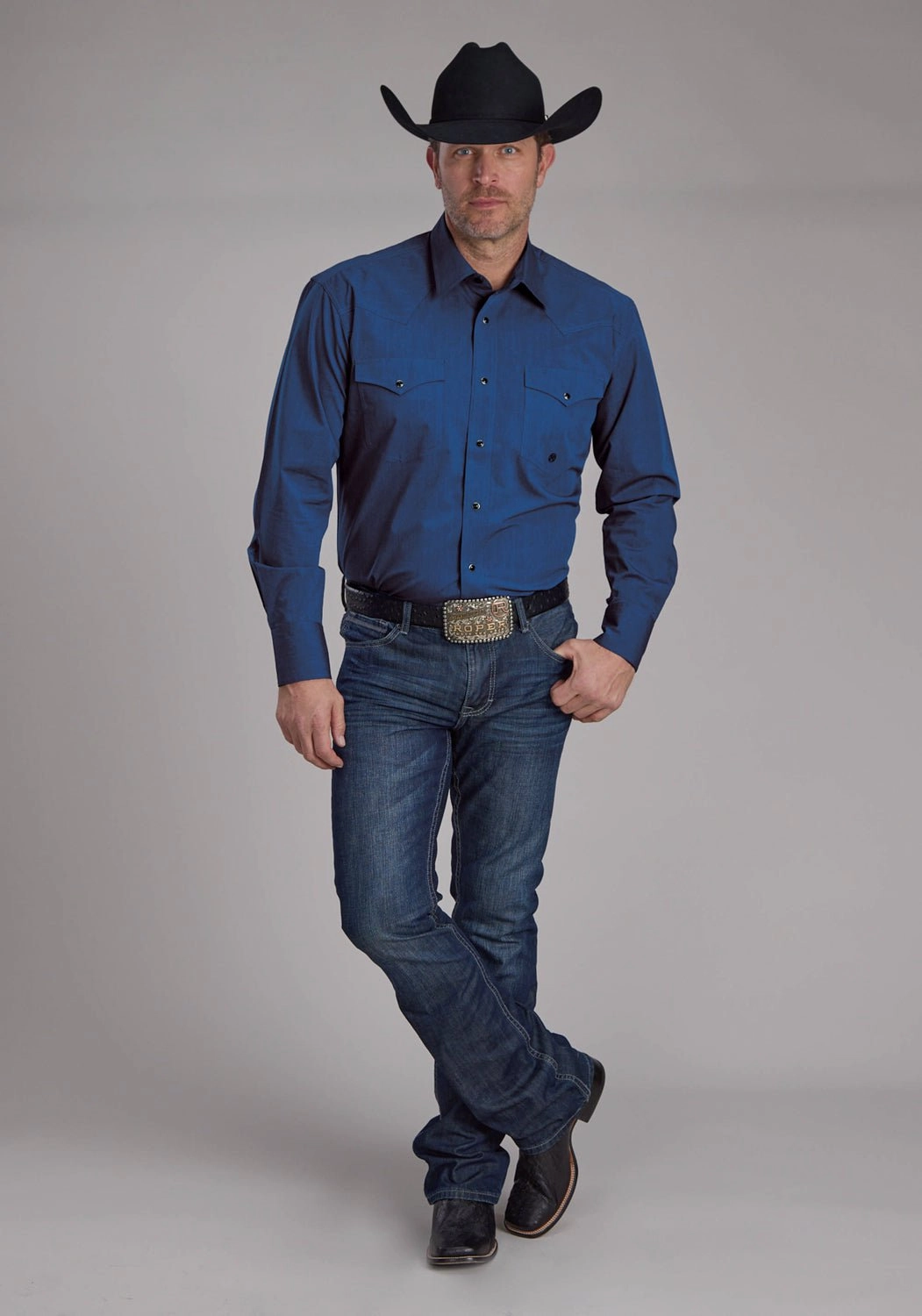 Eco Friendly Production Roper Mens 2249 Black Fill Blue 100% Cotton L/S Shirt