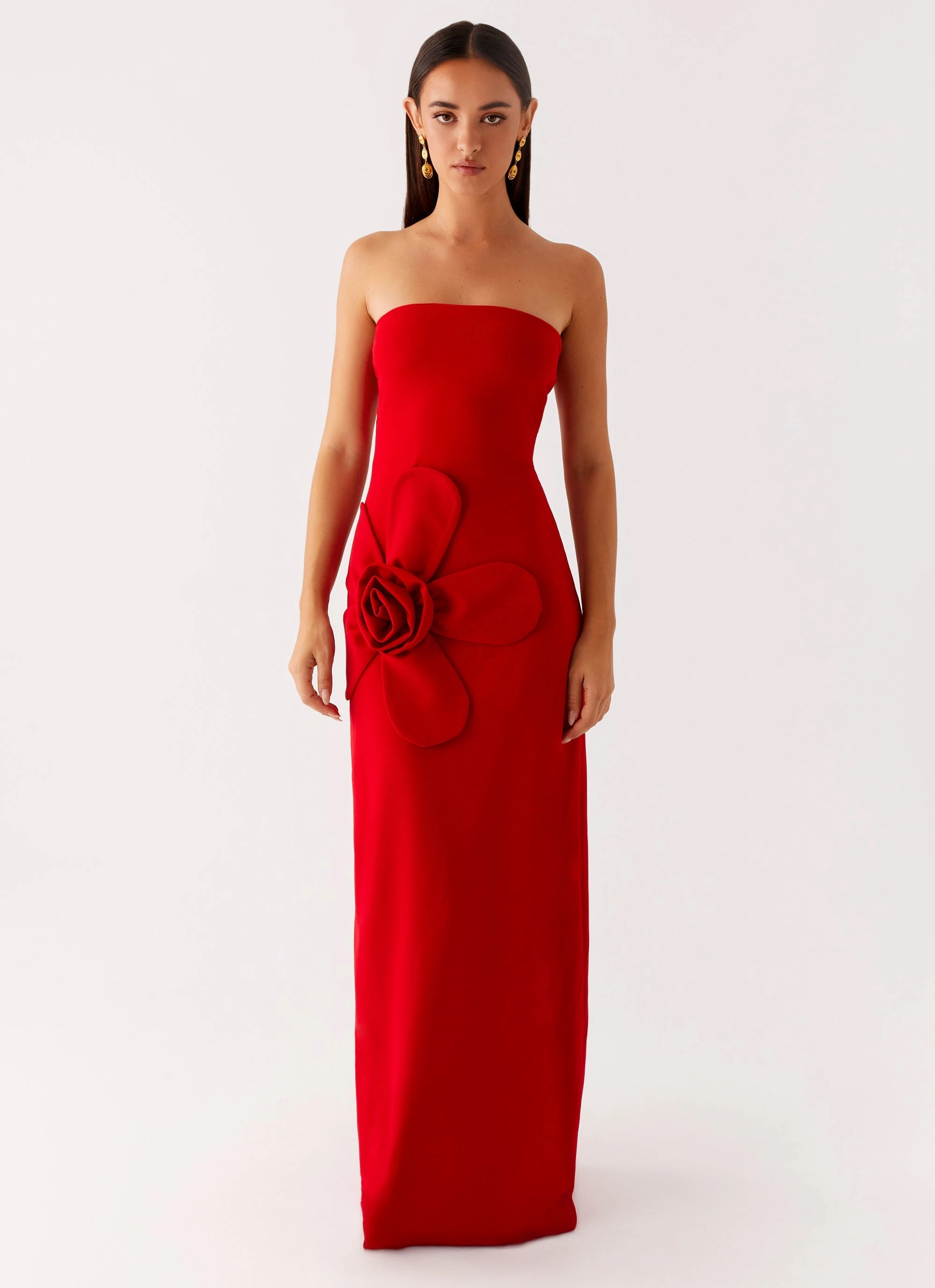 Hilton Strapless Maxi Dress - Red Flattering Waistband Feather Light