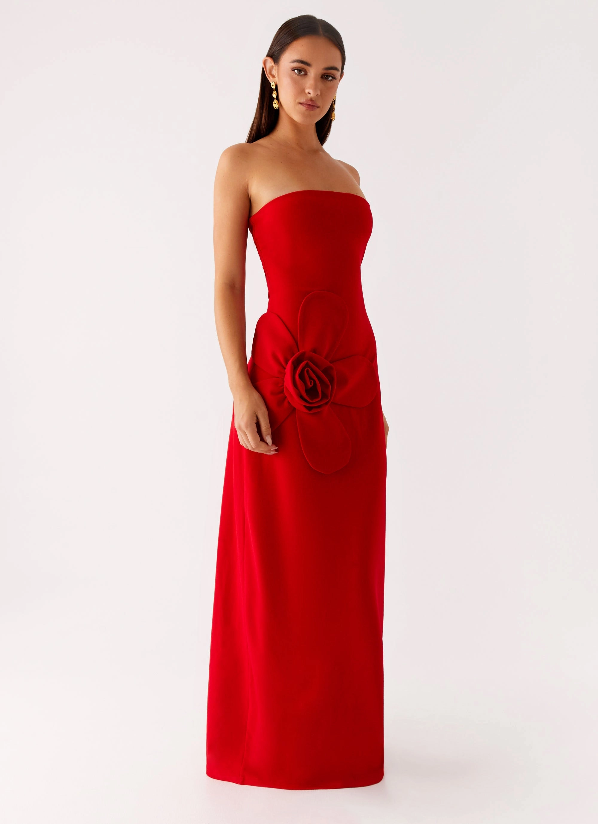 Hilton Strapless Maxi Dress - Red Retro Detail Lace Accent