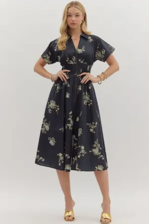 Perfectly Fitted Elizabeth Floral Zip Front Midi Dress in Balck Elizabeth Floral Zip Front Midi Dress in Balck Luxurious Feel Elegance Glow