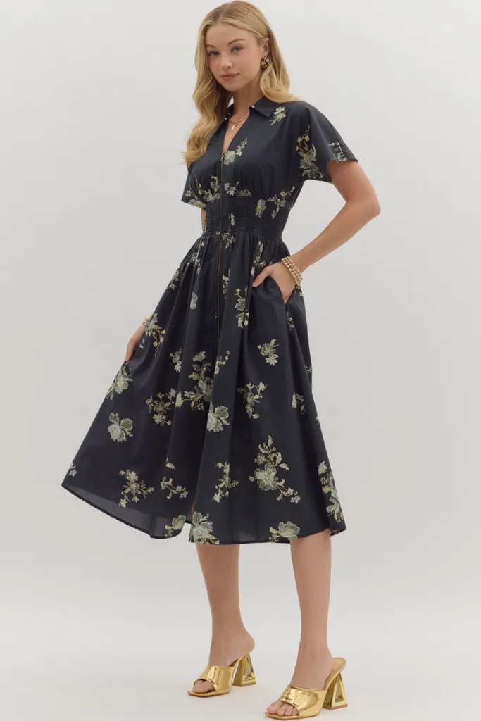 Elizabeth Floral Zip Front Midi Dress in Balck Open Back Breezy Style