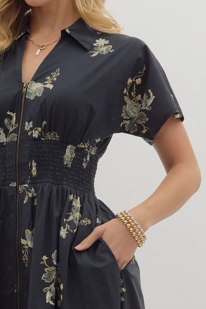 Mid Fit Elizabeth Floral Zip Front Midi Dress in Balck