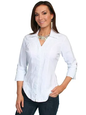 Performance Fabric Scully Cantina Collection Blouse White 100% Cotton Floral 3/4 Sleeve Anti Cling Fabric Scully Cantina Collection Blouse White 100% Cotton Floral 3/4 Sleeve