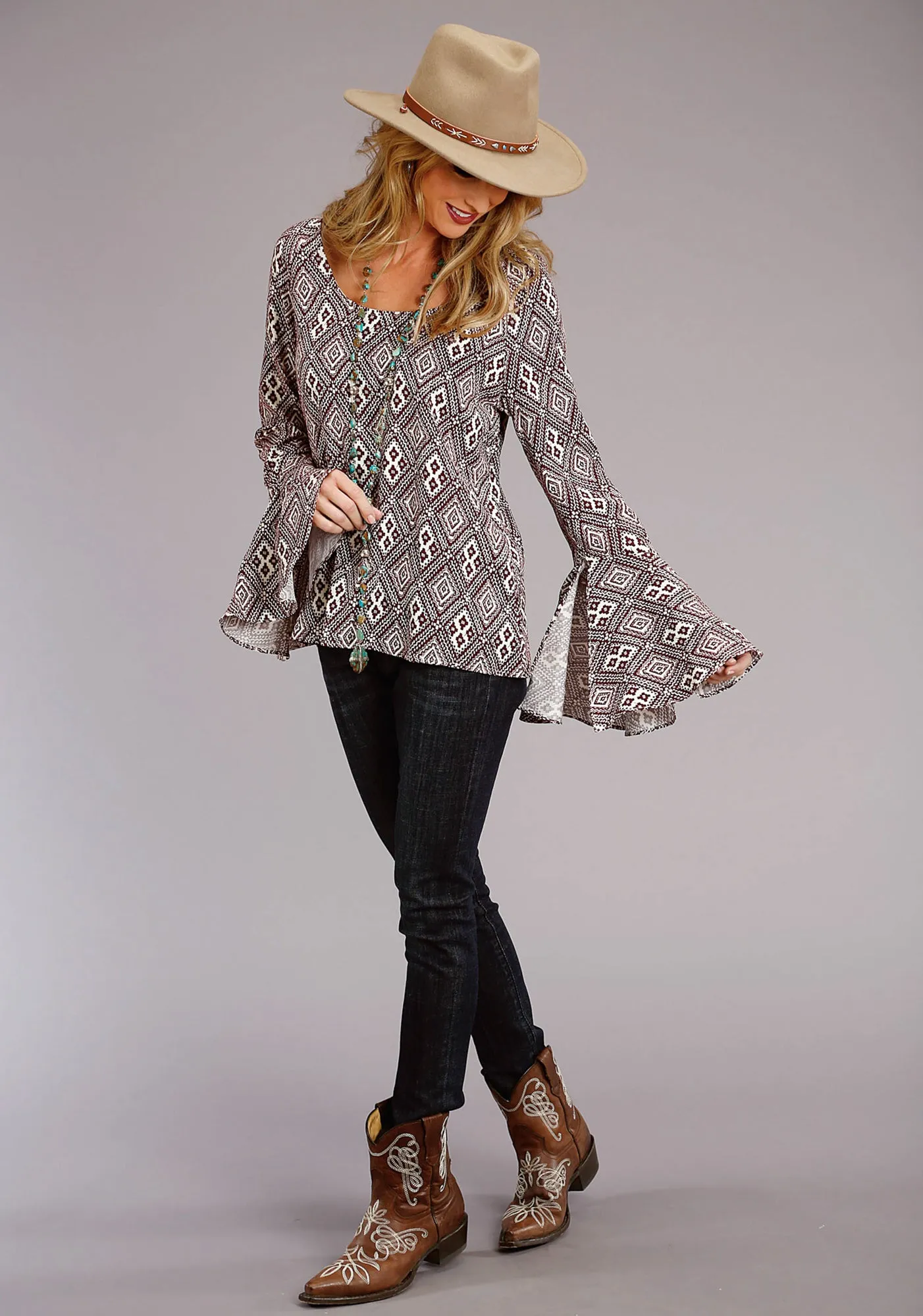 Vibrant Hue Holiday Special Stetson Womens Aztec Print Wine/White 100% Rayon L/S Blouse