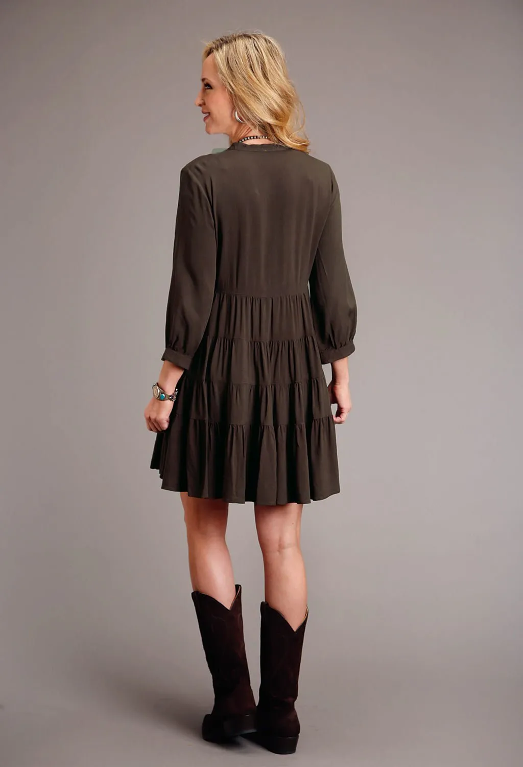 Casual Edge Stetson Womens Floral Peasant Brown 100% Rayon L/S Dress