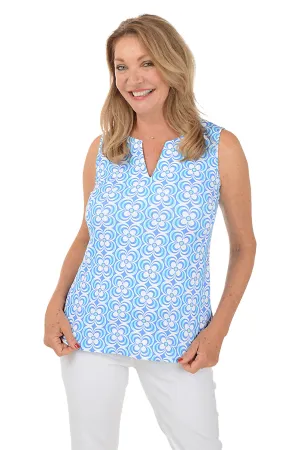 Periwinkle Optical Daisy UPF50  Split Neck Sleeveless Top Flowing Fit Daily Style Periwinkle Optical Daisy UPF50  Split Neck Sleeveless Top