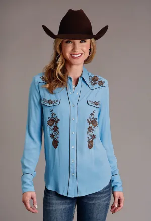 Permanent Crease Design Stetson Womens Floral Crepe Blue 100% Rayon L/S Shirt Stetson Womens Floral Crepe Blue 100% Rayon L/S Shirt Twill Weave