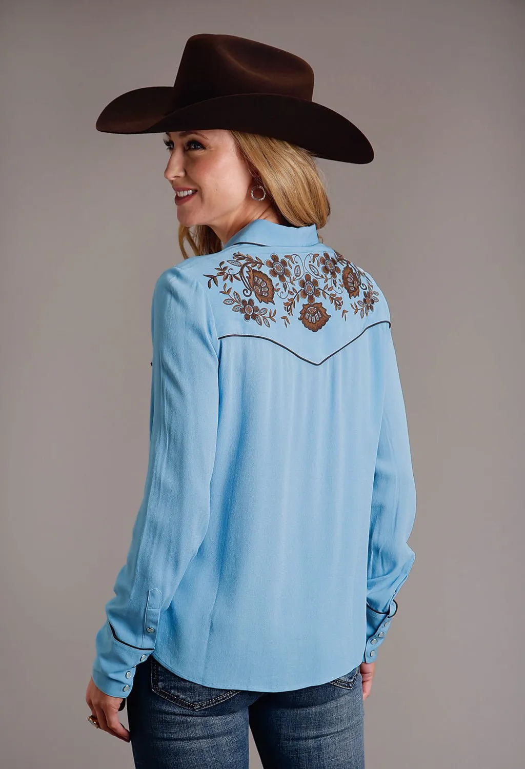 Stetson Womens Floral Crepe Blue 100% Rayon L/S Shirt Layering Piece Odor Control Fabric