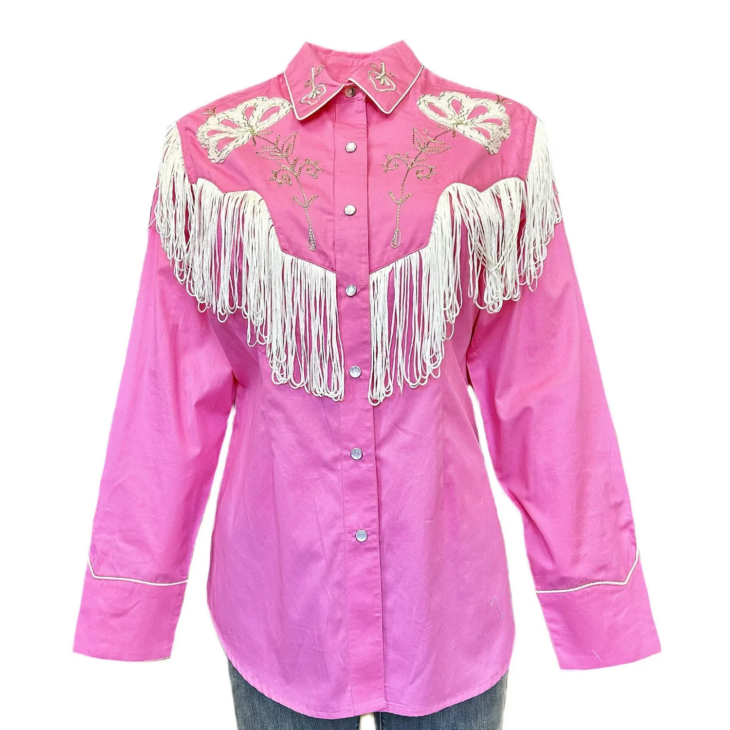 fade resistant color Rockmount Womens Vintage Fringe Embroidered Pink 100% Cotton L/S Shirt