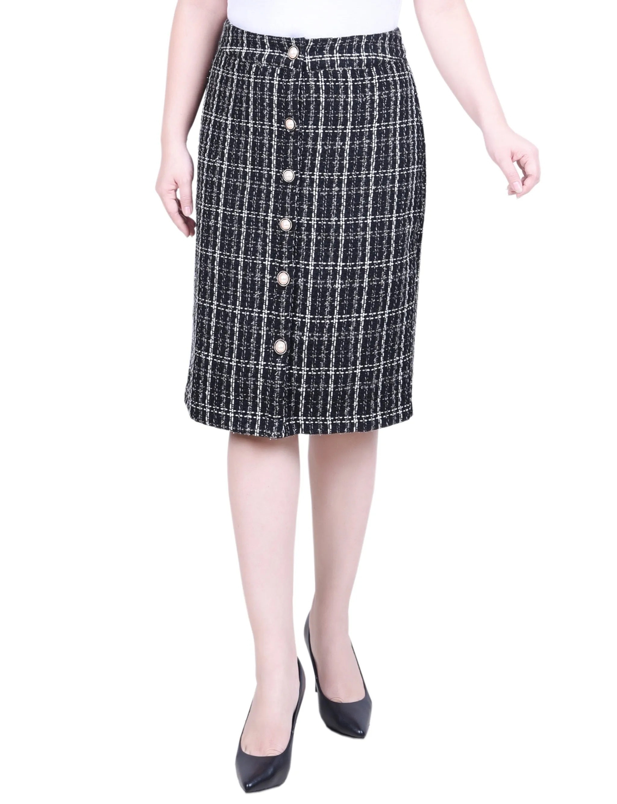 Empire Waist Soft Tone Petite Knee Length Slim Tweed Knit Skirt