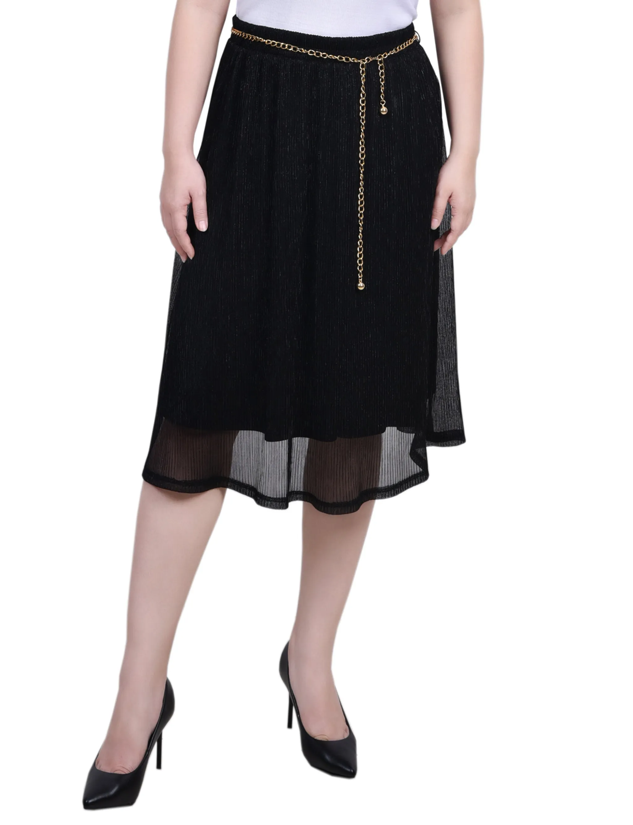 Chic Rhythm Scoop-Neck Petite Plisse Mesh Skirt With Belt