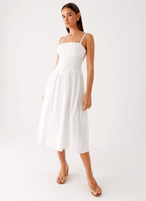 Phillipa Midi Dress - White Smart Silhouette Phillipa Midi Dress - White Relaxed Waistband Classic Vibe