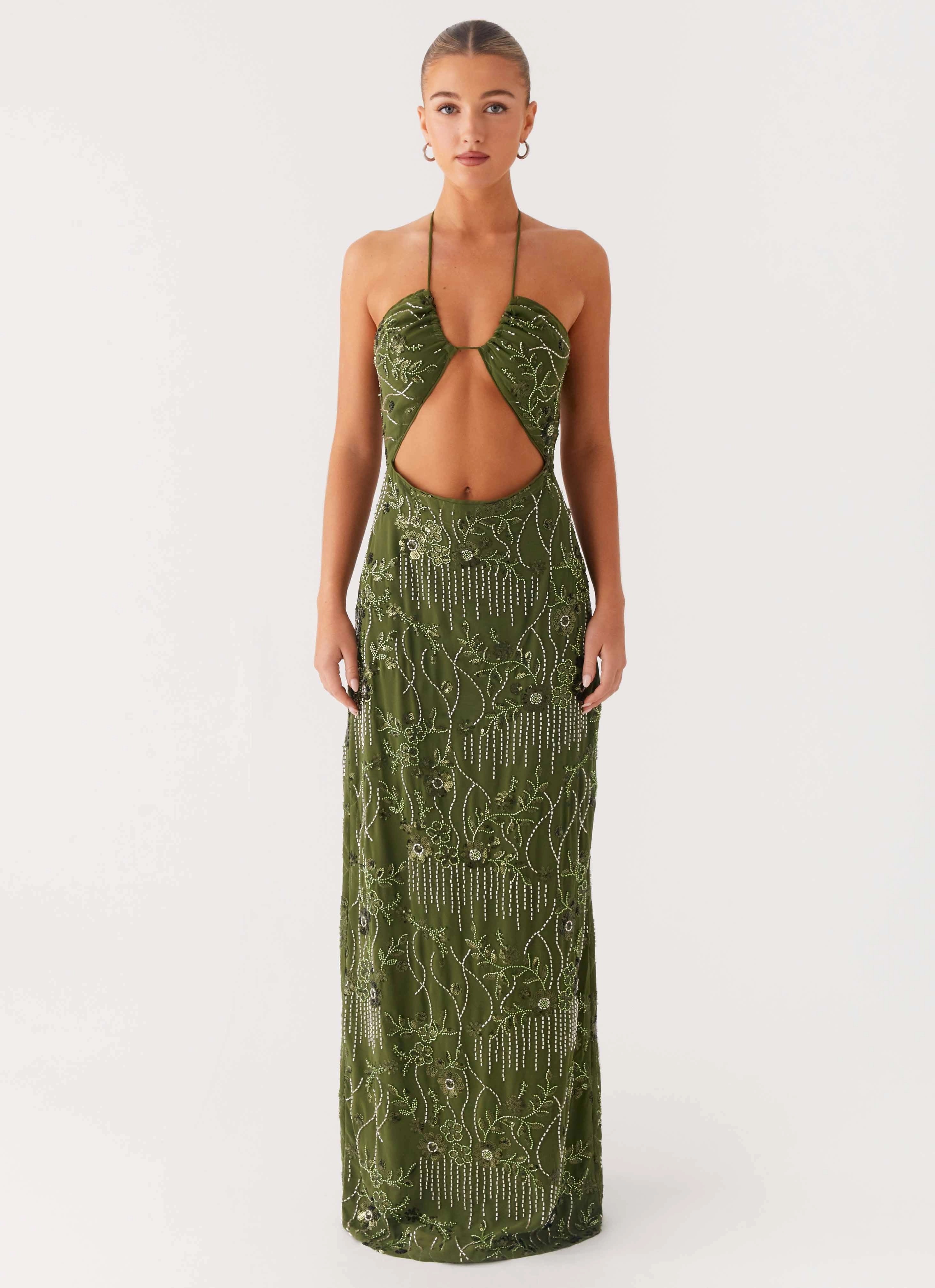 Phoenicia Beaded Maxi Dress - Khaki Stylish Design